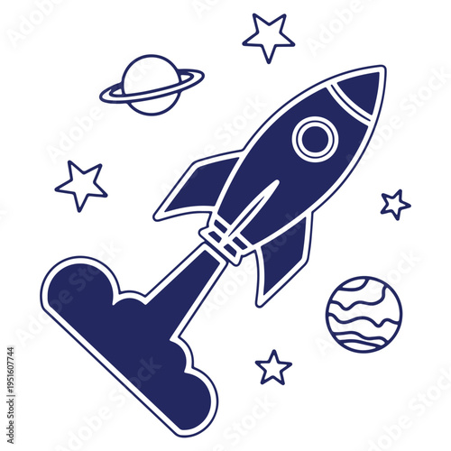 Rocket ship taking off to space among stars and planets illustration graphic art design for web and print