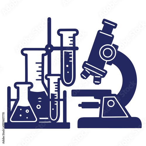 Scientific Research and Laboratory Equipment Silhouette Illustration for Medical Studies and Innovation in Dark Blue