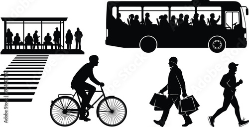 Urban transportation silhouettes set, bus passengers, cyclist, pedestrians and bus stop, city commuting lifestyle and public transport illustration