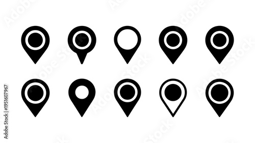 A set of ten dark grey map pointer icons with detailed vintage engraving style.