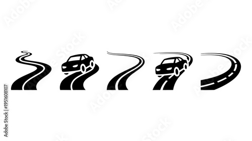 Five simple black vector icons illustrate curving roads, with two featuring cars on the winding paths.