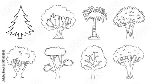 A diverse assortment of eight simple outline tree drawings depicts various species.