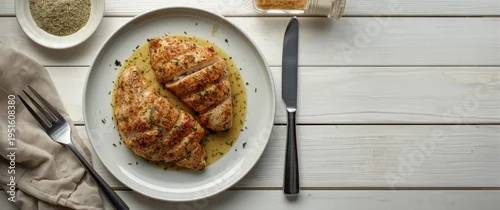 Obraz  z motywem Seasoned split chicken breasts baked with mustard herb blend shown on white wooden table with cutlery and assorted seasonings top perspective