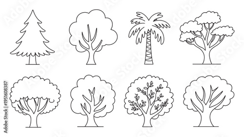 Eight diverse outline tree illustrations with bold, thicker lines are depicted.