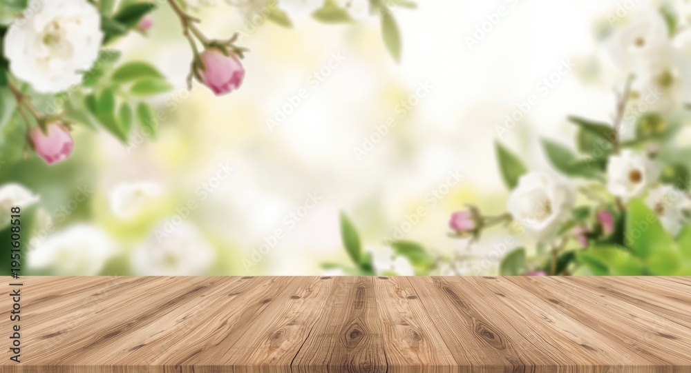 Obraz premium polished wood top with soft focus botanical backdrop and open area for pasting products