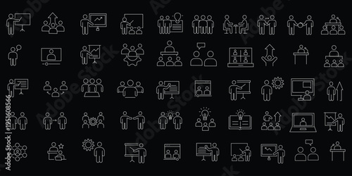 Training and Coaching line icon set. Set of 21 outline icons related to training, coaching, mentoring, education, seminar, meeting, course, meeting and others. Editable stroke. Vector