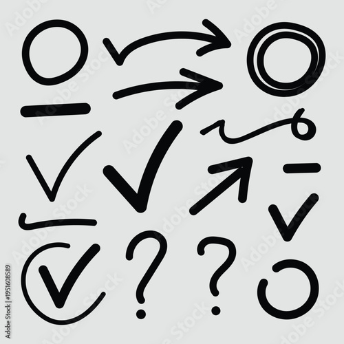 A collection of hand drawn checkmarks arrows and question marks in black on a gray background