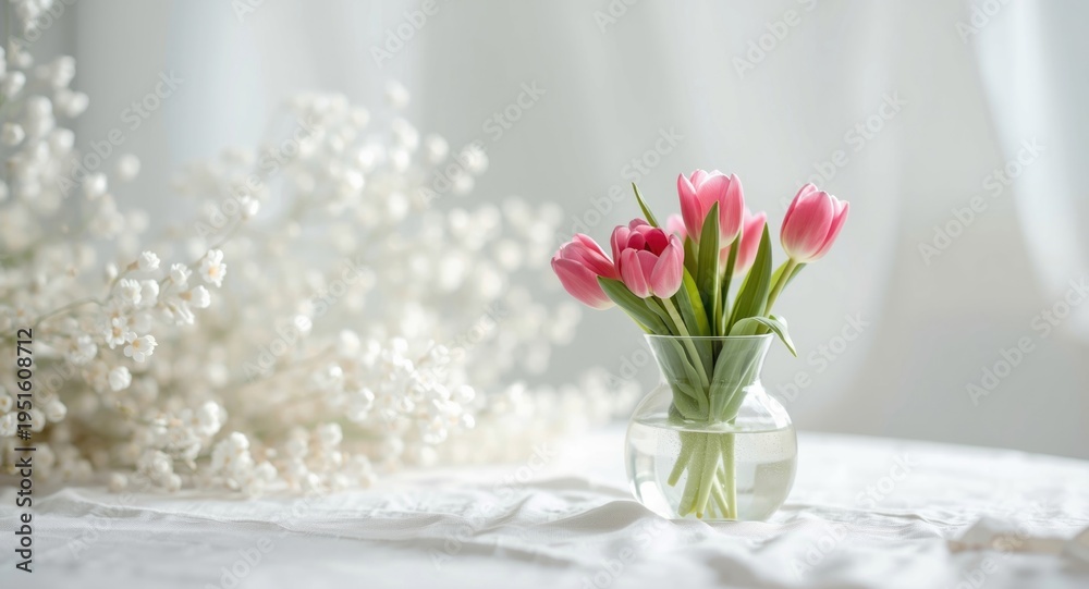 Obraz premium Pink tulips in a delicate small vase with soft white floral backdrop