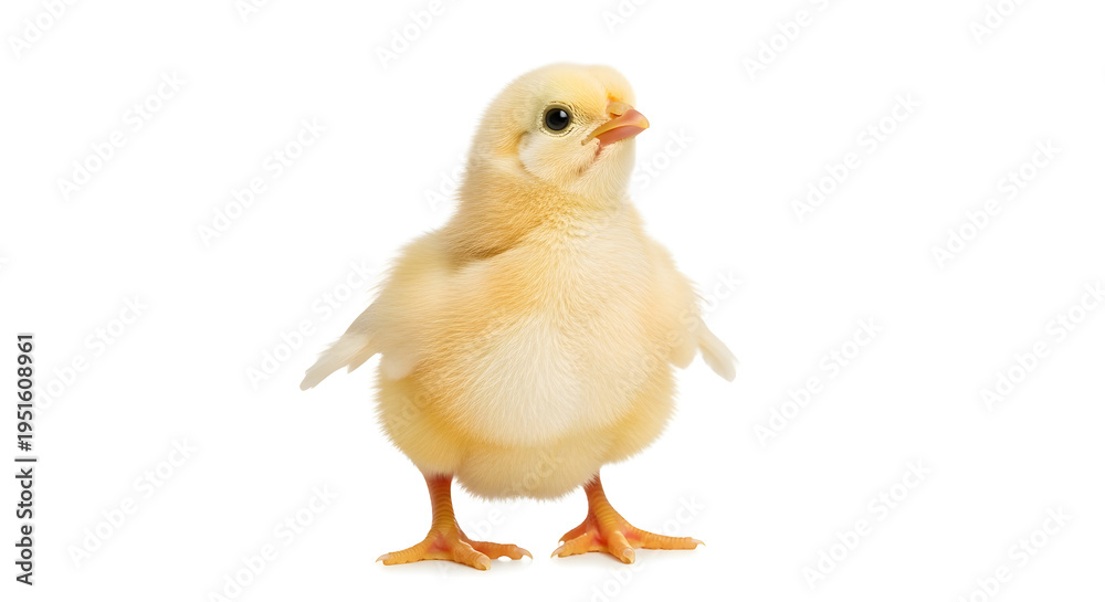 Fototapeta premium A small yellow chick standing on a plain white background looking cute