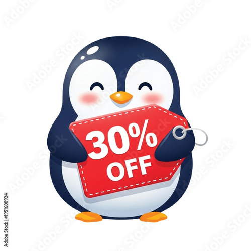 Cute cartoon penguin character holding a bright red '30% OFF' sale tag, perfect for e-commerce promotions, special offers, and limited-time deals on websites and marketing materials