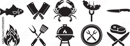 Barbecue and seafood cooking icon set with grill flame crab sausage knife fish and butcher tool silhouette