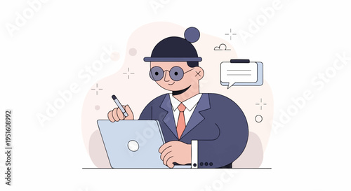 A man in a suit with glasses and a hat works on a laptop, a speech bubble above