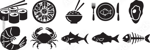 Japanese food and seafood cuisine icon set with sushi bowl chopstick oyster crab and fish symbol