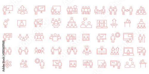 Training and Coaching line icon set. Set of 21 outline icons related to training, coaching, mentoring, education, seminar, meeting, course, meeting and others. Editable stroke. Vector