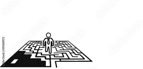 A person stands at the start of a complex maze, casting a shadow