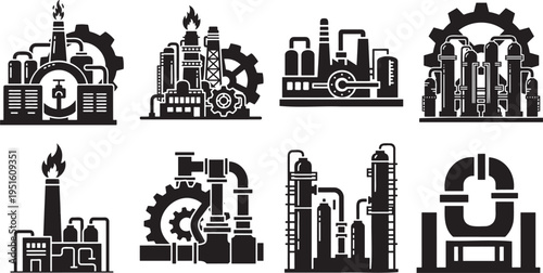 Industrial factory and manufacturing plant icon set with refinery pipeline machine gear and industry symbol