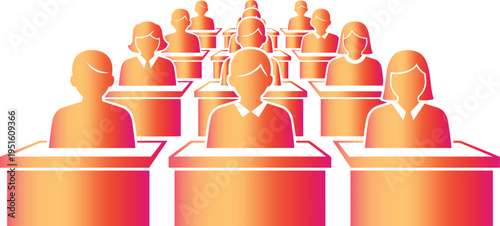 A group of people sitting at desks in a meeting or classroom setting with a