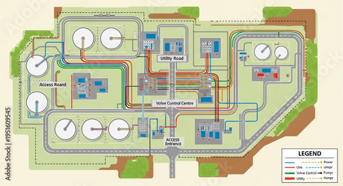 Detailed Layout of an Industrial Facility with Storage Tanks and Pipelines.