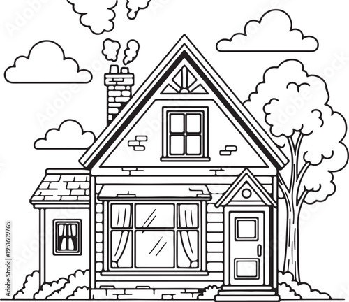 Coloring vector illustration of a cozy house on a page from a book