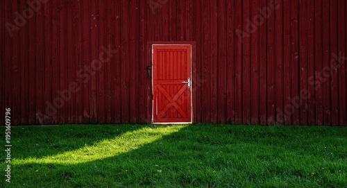Red barn door glowing brigh...