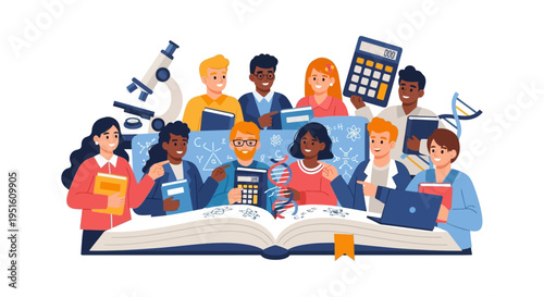 Diverse Students Group Studying STEM Concepts: Collaboration and Learning with Books, Microscope, Calculator, and DNA Helix.