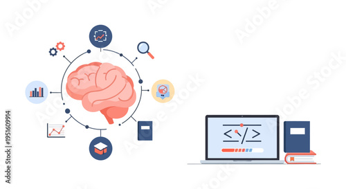 AI and Machine Learning Concept: Brain connected to Data Analytics, Coding Development on Laptop, and E-Learning.