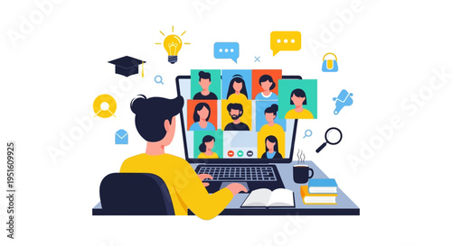 Online Video Conference, E-Learning or Remote Team Meeting. Student Attending Virtual Classroom or Group Call via Laptop. Flat Vector Illustration.