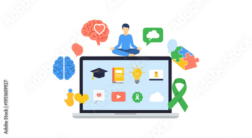 Digital Mental Wellness and Cognitive Health Platform. Mindfulness, E-learning, and Support Resources Displayed on a Laptop Screen.