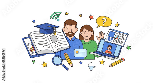 Digital Education Concept: E-learning, Virtual Class, and Mentorship. Illustration of Adults with Books, Laptop, Graduation Cap, and Study Symbols.