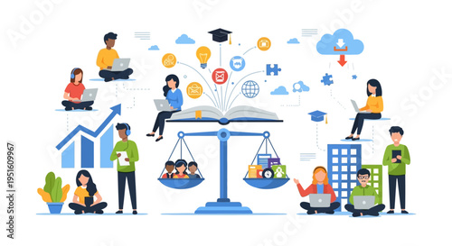 Educational Equity Concept: Knowledge Balance Scale with Students, Resources, and Digital Learning Assets. Online Education and Opportunity.