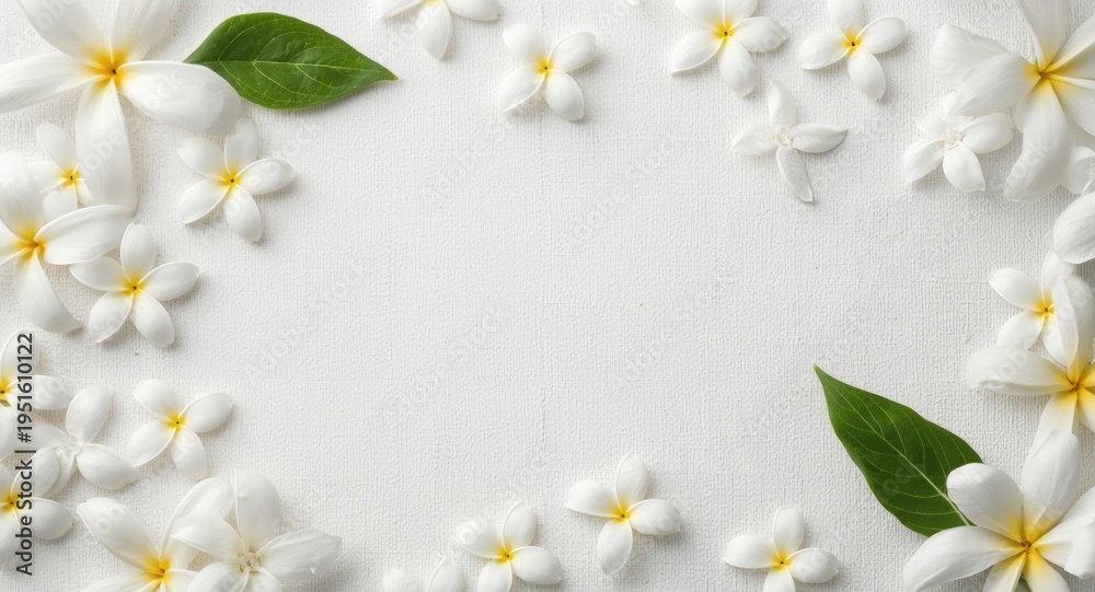 Obraz premium Fresh jasmine flowers scattered on a white grain background suitable for copy space