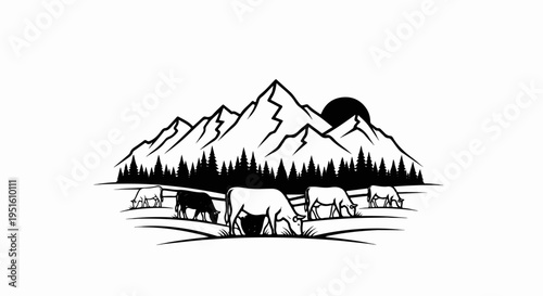 Cattle grazing peacefully in a mountain meadow at sunset