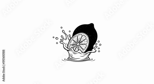 Black and white illustration of a lemon splashing into water