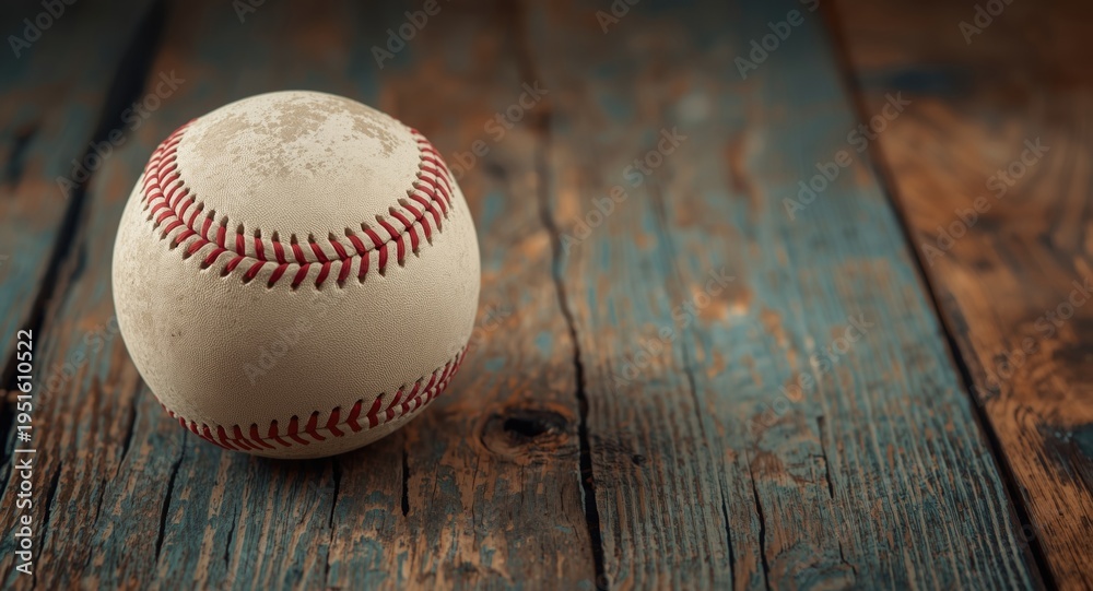Obraz premium Retro themed baseball positioned on weathered wooden surface with vintage overlay