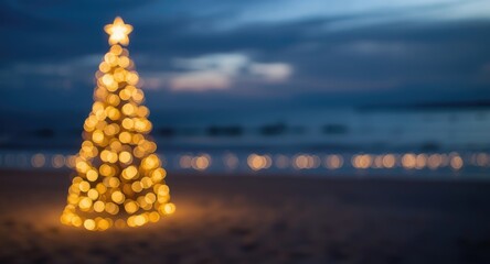 Blurred beachscape with a Christmas tree decorated with fairy lights perfect for message overlay