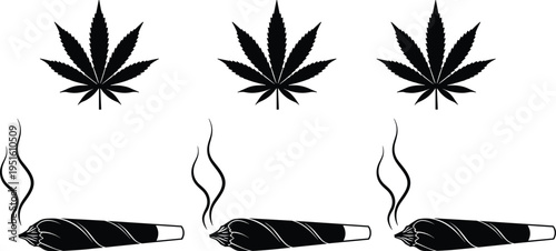 Cannabis leaf and smoking joint silhouettes set, marijuana icon collection with smoke, black vector illustration isolated on white background