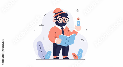 Bearded man in hat reading a book and holding a lit candle