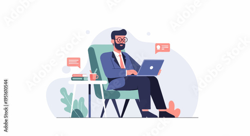 Bearded man in suit sitting in armchair with laptop, coffee, books, and chat bubbles