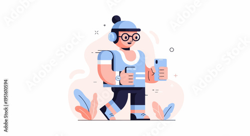 Cheerful person in headphones walking with phone and coffee