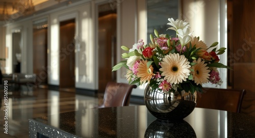 Sleek hotel lobby decorated...