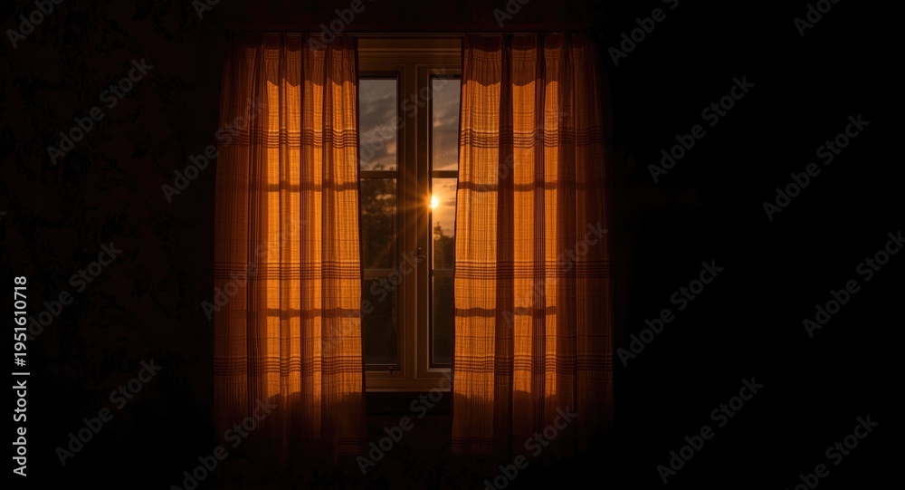 Fototapeta premium Retro style window radiating warm light through curtains after dark
