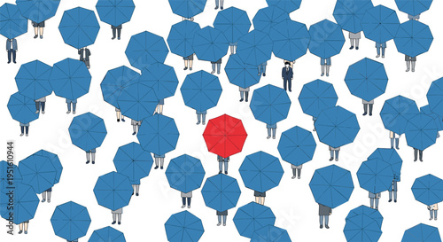 A large crowd of people holding blue umbrellas surrounds one individual with a red umbrella on a plain white background.