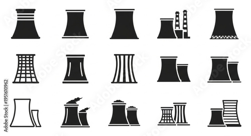 Collection of Nuclear Power Plant Cooling Tower Silhouettes for Energy Industry.