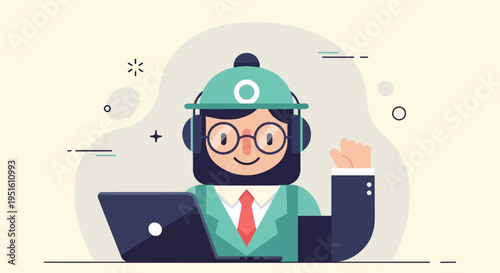 Cheerful individual in headset and glasses working on laptop, a stylized depiction