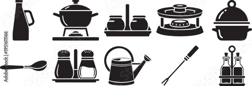 Kitchen cookware and condiment utensil icon set with pot spoon oil bottle salt pepper and fork symbol