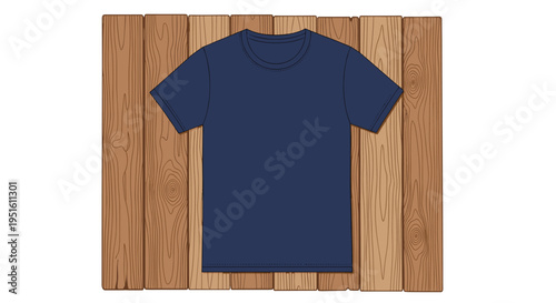 A dark blue crew neck t-shirt is laid flat on a rustic wooden plank background.
