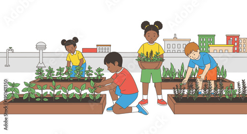 Diverse children planting vegetables and herbs in a rooftop garden with city buildings in the background