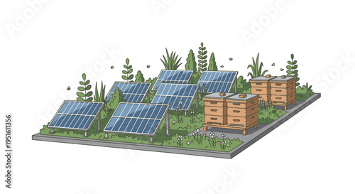 Sustainable energy generation with solar panels and beehives, symbolizing eco-friendly farming and renewable resources for a greener future.