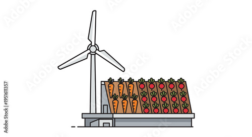 Sustainable urban farming concept with wind turbine powering vertical garden beds of carrots and strawberries