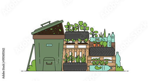 Urban gardening illustration with compost bin, vertical gardens made of pallets and recycled bottles, growing vegetables and plants